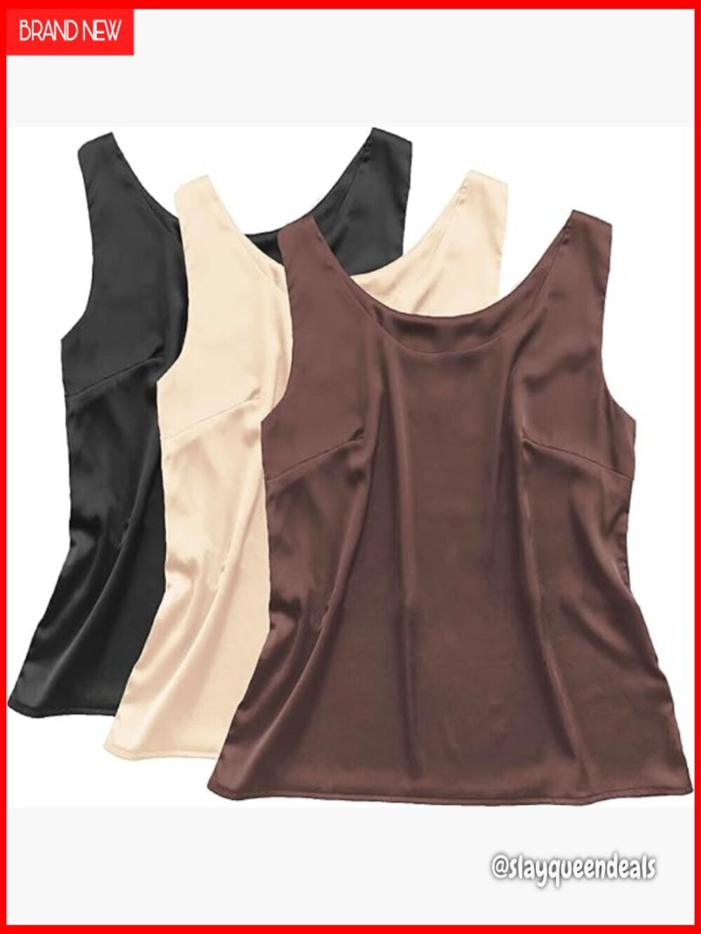 Silk Satin Tank Top 3-Pack Regular Fit Scoop Neck Sleeveless Blouse